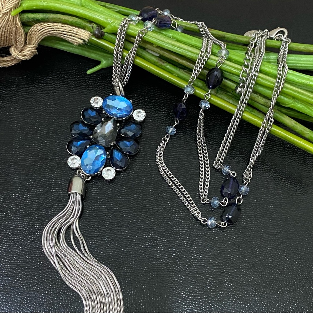 WHBM White House Black Market Blue Rhinestones Pendant Tassel Long Necklace